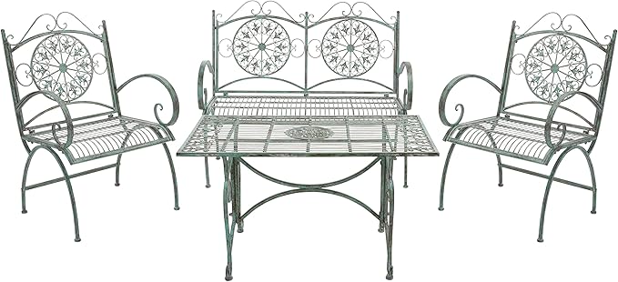 SAFAVIEH Outdoor Collection Sophie Victorian Scroll Antique Dark Green Wrought Iron 4-Piece Patio Set