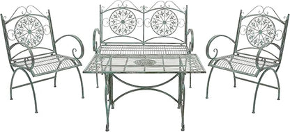 SAFAVIEH Outdoor Collection Sophie Victorian Scroll Antique Dark Green Wrought Iron 4-Piece Patio Set