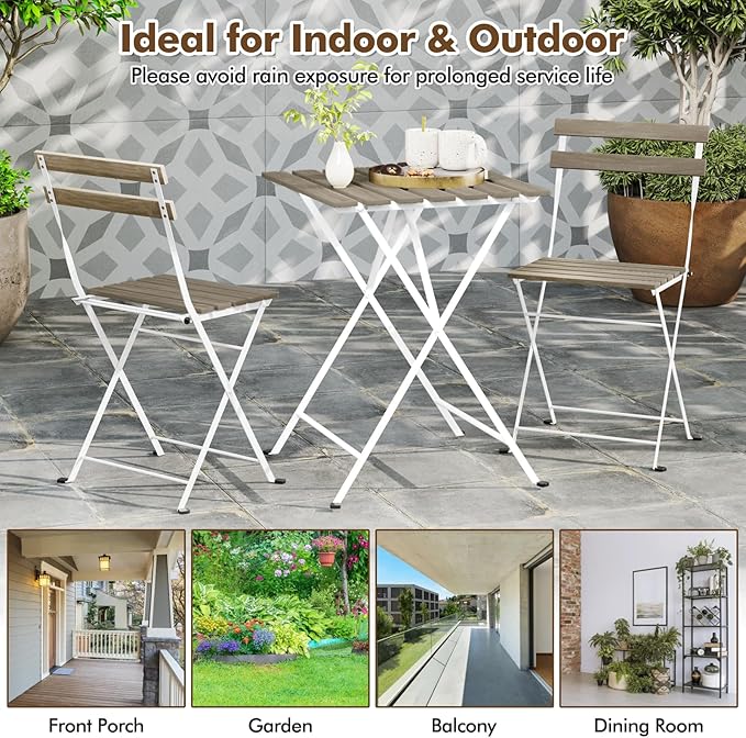 Giantex 3-Piece Acacia Wood Bistro Set, Patio Bistro Table with 2 Folding Chairs, Slatted Seat & Tabletop, Metal Frame, Outdoor Furniture Set for Backyard, Porch, Garden, Poolside (White + Gray)