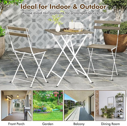 Giantex 3-Piece Acacia Wood Bistro Set, Patio Bistro Table with 2 Folding Chairs, Slatted Seat & Tabletop, Metal Frame, Outdoor Furniture Set for Backyard, Porch, Garden, Poolside (White + Gray)