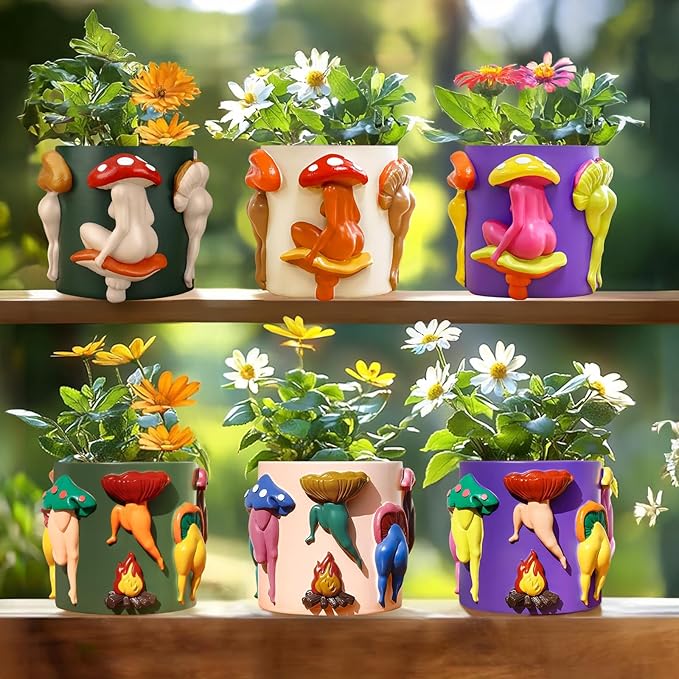 GUGUGO Unique Mushroom Lady Body Plant Pots, Cute Quirky Garden Planters, Boho Funky Eclectic Home Decor, Mushroom Lady Butt Flower Pots, Succulent Planter, Modern Aesthetic for Decorating, Pale Pink