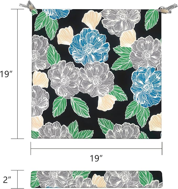 LVTXIII Outdoor Seat Cushions Seasonal Replacement Chair Cushions, Patio Chair Pads with Ties for Dining Chairs and Garden Furniture, Square Back, 19"x19"x2", 4 Pack, Peony Garden