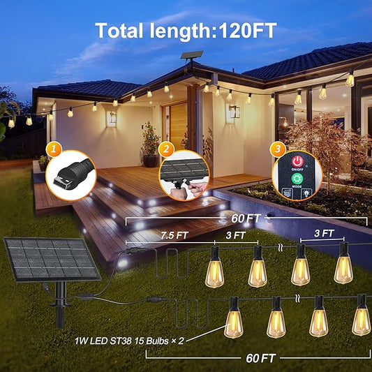 BLIATLUS 120FT Solar String Lights Outdoor Waterproof with Remote Control 30+2 Shatterproof LED ST38 Bulbs for Porch Garden Market Bistro Patio Backyard Fence
