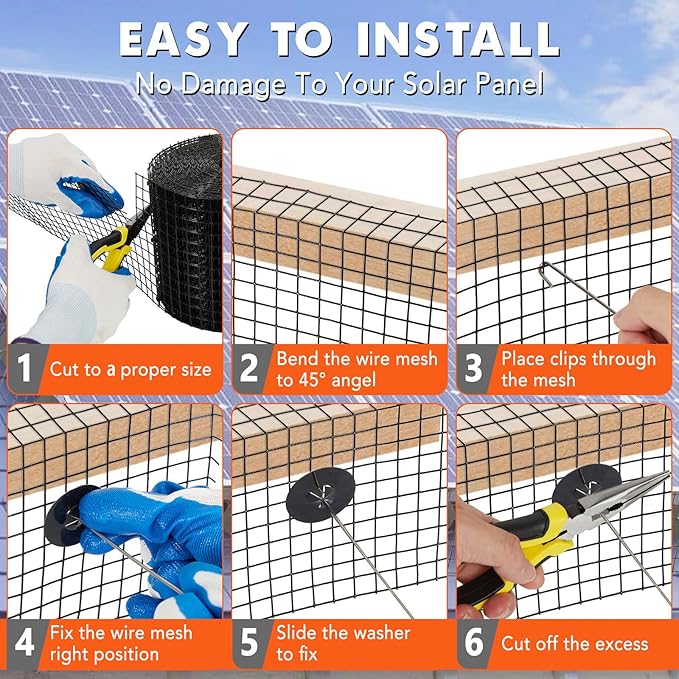 6in x 50ft Solar Panel Bird Guard & Critter Guard Mesh Kit, PVC Coated Wire Mesh Bird Wire with 60 Clips, 100 Cable Ties, Gloves, Pliers, DIY Bird Netting Solar Panel Bird Mesh Barrier