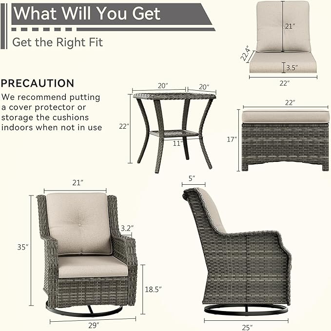 5 Piece Patio Furniture Wicker Conversation Set, 2 Swivel Chairs, 2 Ottomans with 1 Side Table, for Outdoors, Backyard, Deck, Beige