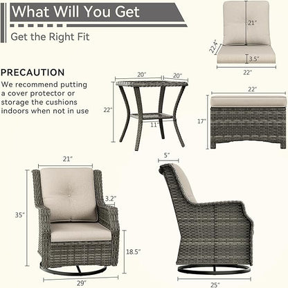 5 Piece Patio Furniture Wicker Conversation Set, 2 Swivel Chairs, 2 Ottomans with 1 Side Table, for Outdoors, Backyard, Deck, Beige