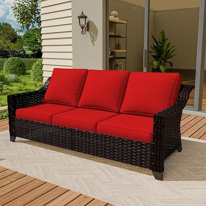 VistaVibe 78" Patio Wicker 3-seat Sofa, Deep Seat & Upholstered Loveseat, Outdoor All-Weather Rattan Couch with Removable Cushions, Steel Frame Couch for Garden, Poolside (Brown/Red)