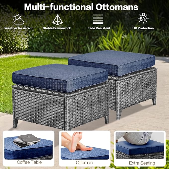 7 Pieces Outdoor Patio Furniture Conversation Set Rattan Wicker with Fire Pit Table, 3 Seat Sofa, 2 Swivel Rocker Chairs, 2 Ottomans and 1 Side Table for Yard Backyard (Grey/Navy Blue)