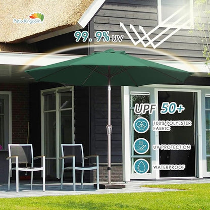 PatioKingdom 9FT Patio Outdoor Umbrella-UPF 50+ Sun Shade with Wind Vent, Push-Button Tilt & Smooth Crank Lift, Rust-Resistant Fiberglass Frame for Garden, Backyard,Yard (Dark Green, 9FT)