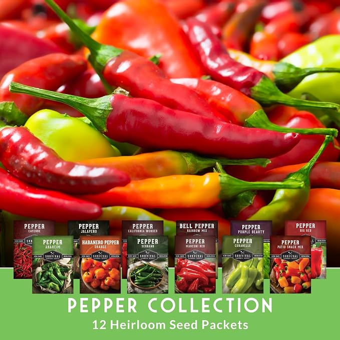 Pepper Seeds for Planting - 12 Variety Pack | Jalapeño, Serrano, Cayenne, Bell, Habanero, Anaheim & More – Hot & Sweet Heirloom, Non-GMO Pepper Seed Varieties – Survival Garden Seeds