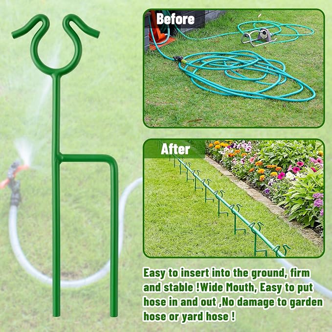 6 Pack Garden Hose Guide Stakes, 14 inch Metal Hose Guides for Garden Heavy Duty Rustproof Coated Spike Keeps Water Hose Out of Flower Beds Outside Lawn & Yard Plant Protection (Green)