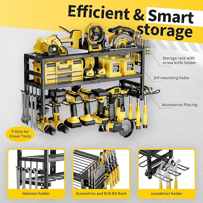 Power Tool Organizer Wall Mount Heavy Duty 320 lbs, 3 Layers Storage Rack with 9 Drill Holders & Battery Storage, cordless tool organizer for Garage, Workshop & Tool Room