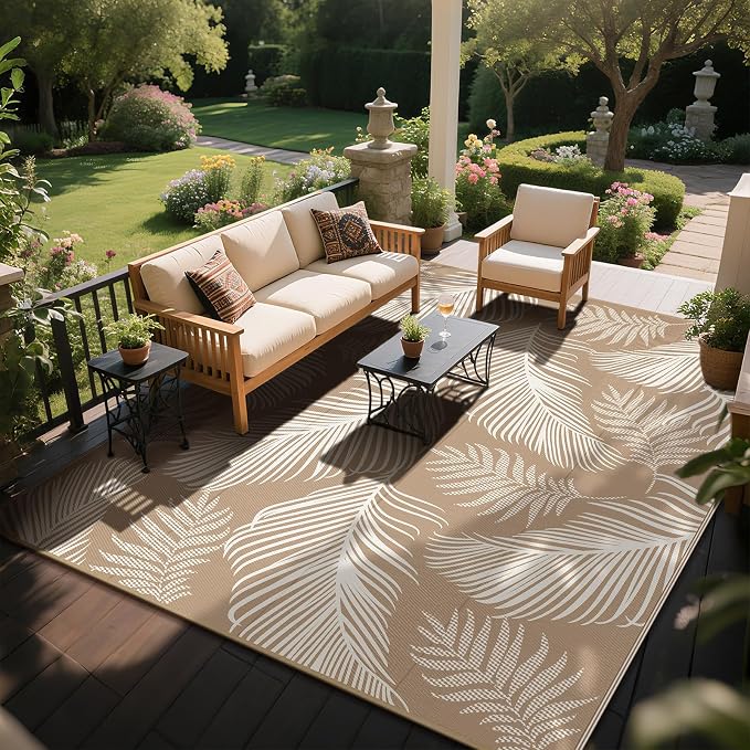 Pauwer Waterproof Outdoor Rug 8x10, Reversible Plastic Straw Patio Camping Rug, Indoor Outdoor RV Mat Carpet for Deck, Camper, Porch, Balcony, Backyard, Picnic, Leaf Brown