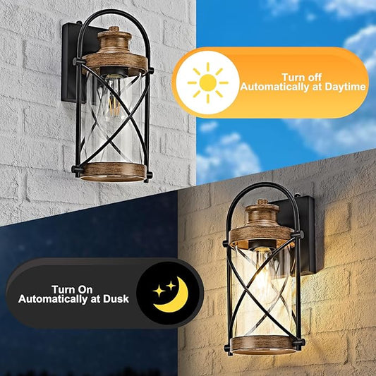 Dusk to Dawn Outdoor Wall Lights Fixtures, Waterproof Exterior Lighting Fixtures with Photocell Sensor,Vintage Faux Wood Grain Metal Cage Lantern Outside Lights for Porch Patio House Garage（2 Pack）