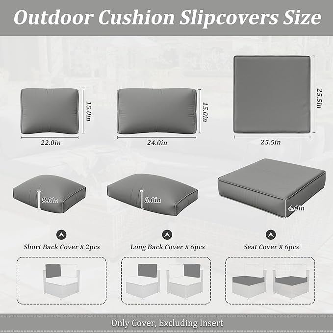 14 Pcs Outdoor Cushion Slipcovers Outdoor Patio Cushion Covers Replacement Waterproof with Zipper for Outdoor Furniture, Patio Sofa Couch 3 Sizes, Covers Only