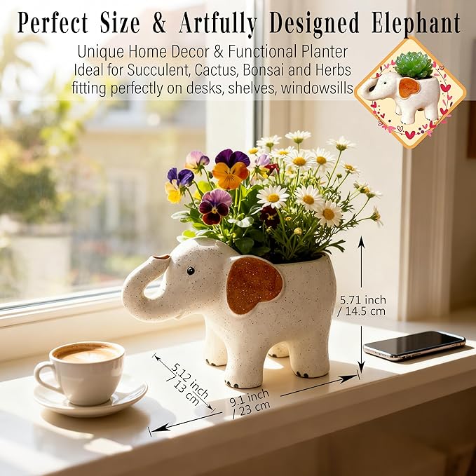 Large 9.1‘‘ Handmade Ceramic Elephant Planter Flower Pot with Drainage Hole for Succulents, Cactus, Air Plants | Indoor Outdoor Garden Patio Desk Home Decor | Gift for Plant Lovers