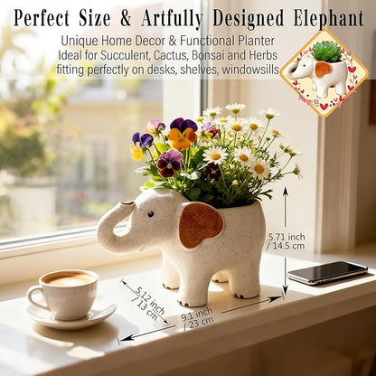 Large 9.1‘‘ Handmade Ceramic Elephant Planter Flower Pot with Drainage Hole for Succulents, Cactus, Air Plants | Indoor Outdoor Garden Patio Desk Home Decor | Gift for Plant Lovers