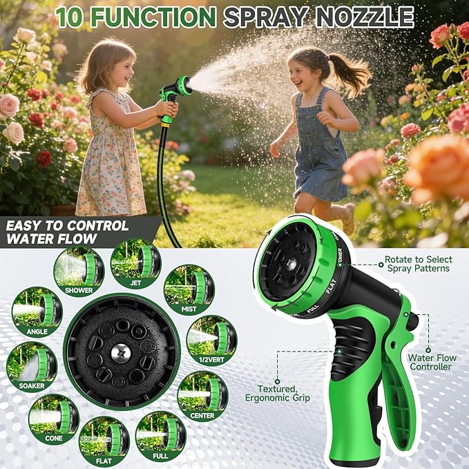 Garden Hose 100 ft Flexible Water Hoses Non-Expanding Lightweight Portable No Kink High Pressure Flat Fabric 3/4” fittings Leak-proof Durable Pipe for Outdoor Outside Yard Lawn Patio Watering Car Wash