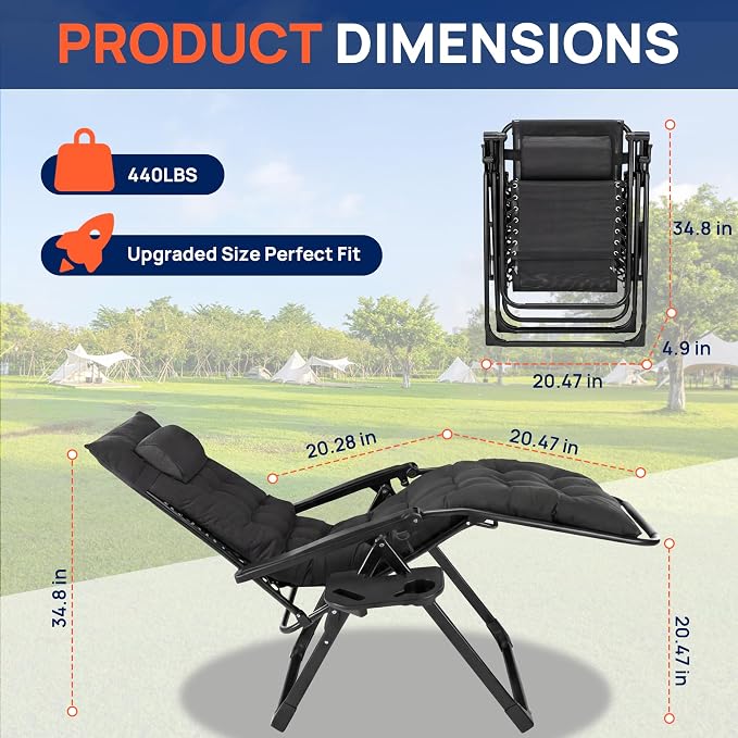 Alpen Oversized Outdoor Zero Gravity Chair, Portable Patio Recliner with Removable Pad and Adjustable Headrest, Lounge Chair with Cup Holder for Outdoor Camping Lawn Balcony, Black