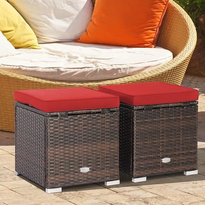 Tangkula 2 Pieces Patio Ottomans, Patiojoy Hand-Woven PE Rattan Side Table with Removable Cushion & Hidden Storage Space, Multifunctional Storage Box, Seat for Patio, Backyard, Poolside (Red)