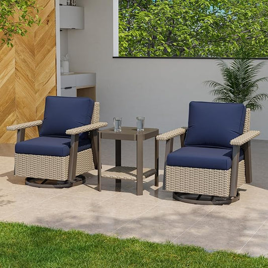 EAGLE PEAK Classic Wicker Patio Bistro Set of 3, Outdoor Patio Furniture with 360° Swivel Rocker Chair and Side Table, Lounge Set for Porch, Deck, or Balcony, Beige/Dark Blue