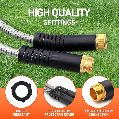 Besiter Garden Hose 25FT Stainless Steel Water Hose with 10 Functions Adjustable Spray Nozzle, Heavy-Duty Metal Garden Hose Flexible Durable No-Tangle & Kink Leak Dog Proof Hose for Yard Lawn(Orange)