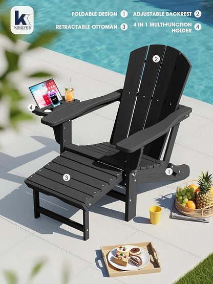 KINGYES Adjustable Folding Adirondack Chair with Footrest & 4-in-1 Multi-Functional Armrest Organizer Set of 2, HDPE Foldable Reclining Adirondack Chair with Pull-Out Ottoman, Black
