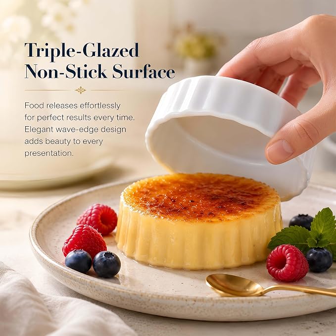 6oz Creme Brulee Ramekins Set of 4 - Ceramic Baking Dishes, Non-Stick Porcelain Pie Dish, Wave Round Baking Dish for Dessert, Pie, Tart, Souffles, Appetizers, Oven and Dishwasher Safe