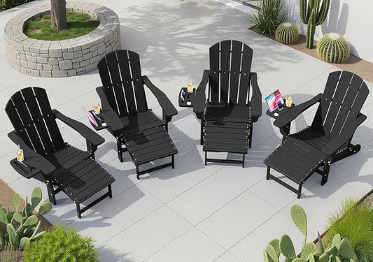 KINGYES Adjustable Folding Adirondack Chair with Footrest & 4-in-1 Multi-Functional Armrest Organizer Set of 4, HDPE Foldable Reclining Adirondack Chair with Pull-Out Ottoman, Black