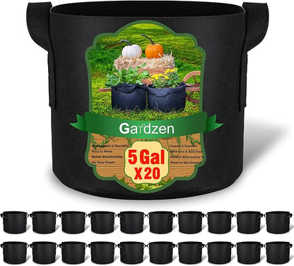 Gardzen 20-Pack 5 Gallon Grow Bags, 300G Thickened Aeration Fabric Pots with Handles, Heavy Duty Plant Bags for Plants
