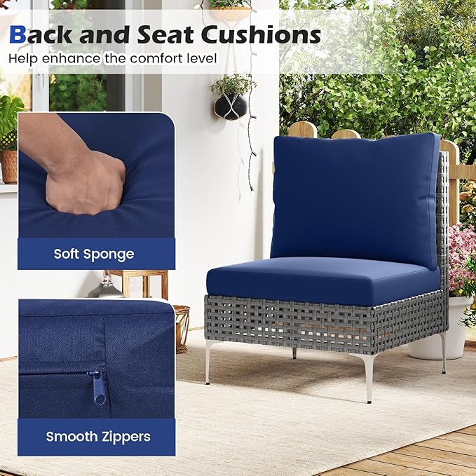 Tangkula 3 Pieces Patio Furniture Set, PE Rattan Conversation Chairs with Tempered Glass Coffee Table, Soft Back & Seat Cushions, Heavy Duty Metal Frame, Outdoor Bistro Set for Garden & Pool (Navy)