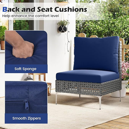 Tangkula 3 Pieces Patio Furniture Set, PE Rattan Conversation Chairs with Tempered Glass Coffee Table, Soft Back & Seat Cushions, Heavy Duty Metal Frame, Outdoor Bistro Set for Garden & Pool (Navy)