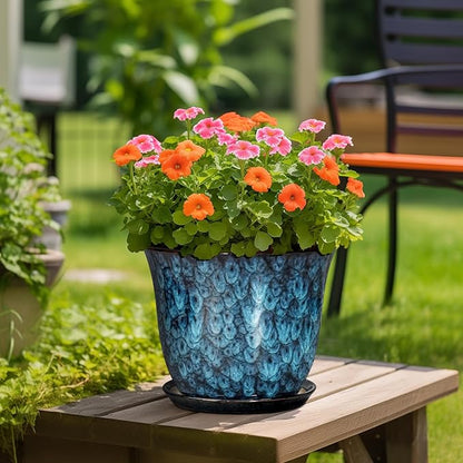 Ceramic Plant Pots - 12 Inch Pots for Plants Indoor Outdoor, Large Round Planter with Drainage Hole and Saucer, Modern Decorative Flower Pot, Home Garden Decor, House Warming Gifts, Blue