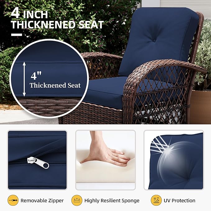 UPHA 10 Pieces Patio Furniture Sets Outdoor Sectional Sofa Wicker Conversation Couch with Bistro Swivel Chair for Decks, Backyards, Gardens, Brown Rattan, Navybule Cushion