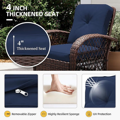 UPHA 10 Pieces Patio Furniture Sets Outdoor Sectional Sofa Wicker Conversation Couch with Bistro Swivel Chair for Decks, Backyards, Gardens, Brown Rattan, Navybule Cushion