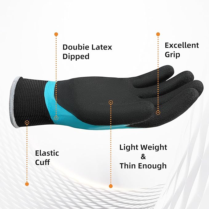 DULFINE 100% Waterproof Winter Work Gloves for Men and Women,Foam Latex Coated and Thermal Insulated Gloves for Cold Weather