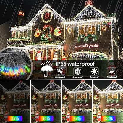 Solar Christmas Lights Outdoor, 66+16Ft 660LED Multicolor & Cool White Dual Color Changing Icicle Lights 2400mAH Connectable Rechargeable Dimmable Remote 8 Modes for Xmas House Roof Holiday Party
