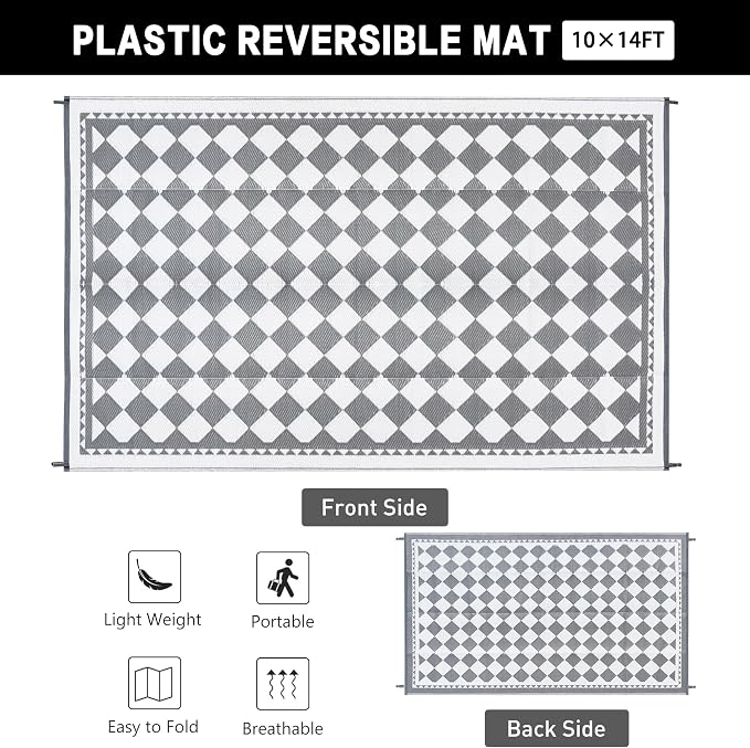HUGEAR Outdoor Waterproof Rug 10'x14' Plastic Straw Rugs Washable Reversible Floor Mat Grey Plaid Carpet for Camping RV Deck Entryance Porch Picnic Balcony Beach Backyard