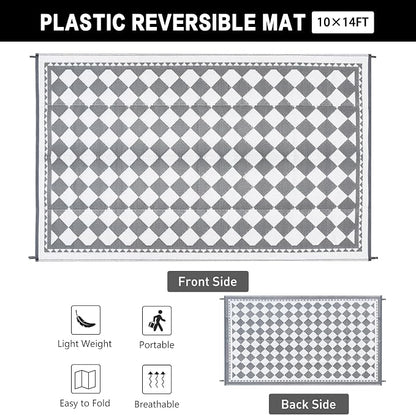 HUGEAR Outdoor Waterproof Rug 10'x14' Plastic Straw Rugs Washable Reversible Floor Mat Grey Plaid Carpet for Camping RV Deck Entryance Porch Picnic Balcony Beach Backyard
