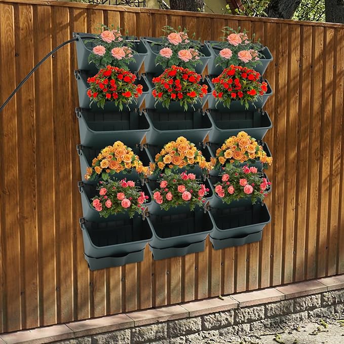 18 Pots Vertical Garden Planter, 6 Tiers Self-Watering Wall-Mounted Flower Pot Bags,Vertical Wall Planter w/Timer&18pcs Plant Pots, Hanging Planter Rack Balcony Planter for Herb (Green)