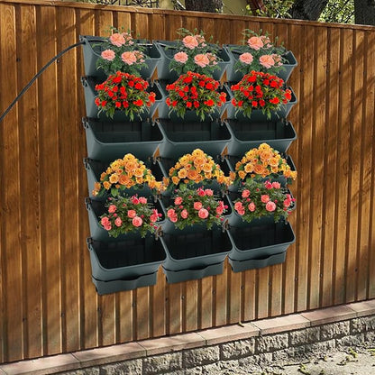 18 Pots Vertical Garden Planter, 6 Tiers Self-Watering Wall-Mounted Flower Pot Bags,Vertical Wall Planter w/Timer&18pcs Plant Pots, Hanging Planter Rack Balcony Planter for Herb (Green)