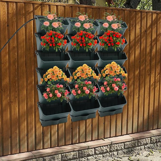 18 Pots Vertical Garden Planter, 6 Tiers Self-Watering Wall-Mounted Flower Pot Bags,Vertical Wall Planter w/Timer&18pcs Plant Pots, Hanging Planter Rack Balcony Planter for Herb (Green)