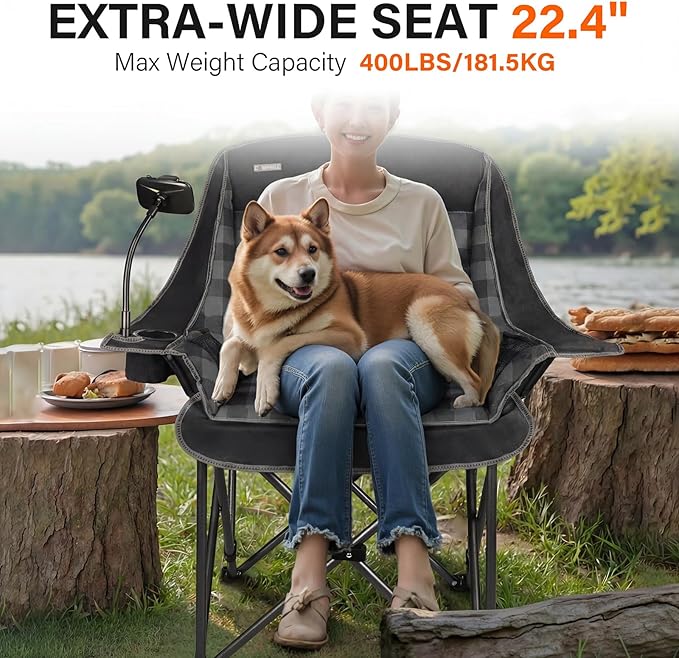 Oversized Camping Chairs for Adults- Heavy Duty Extra Large Lawn Chair,Folding Comfy Padded Camp Chair for Outdoor Sports Garden Beach Fishing,Wide&Thick,Black Plaid