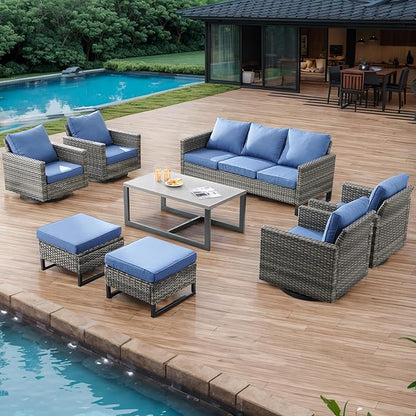 Wicker Outdoor Patio Furniture Set - 8 Piece Patio Conversation Set with 4 Swivel Rocker Chairs,2 Rattan Ottoman,1 Couch and 1 Metal Coffee Table for Outside Porch Deck Backyard(Mixed Grey/Blue)