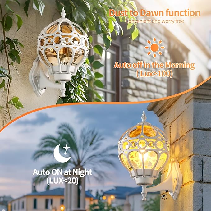 Globe Outdoor Wall Lights with Dusk to Dawn Sensor,Waterproof White Sphere Outside Wall Light Fixtures, Anti-Rust Exterior Aluminum Round Porch Lights for Patio Porch Backyard Garage，Large