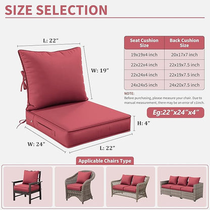 Premium Outdoor Seat Cushion Chair Cushions for Patio Furniture 22 L X 24 W X 4 H Waterproof & Fade Resistant Deep Seat and Backrest Cushion Set with Removable Covers for Chair, Sofa