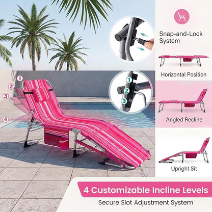 Giantex Tanning Chair, 330Lbs Patio Lounge Chair with 5 Adjustable Position, Face & Arm Hole, Hand/Shoulder Strap, Removable Pillow, Side Pocket, Chaise Lounger for Beach Sunbathing Outdoor