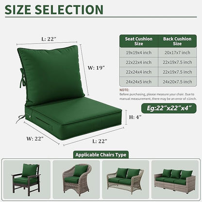 Premium Outdoor Seat Cushion Chair Cushions for Patio Furniture 22 L X 22 W X 4 H Waterproof & Fade Resistant Deep Seat and Backrest Cushion Set with Removable Covers for Chair, Sofa