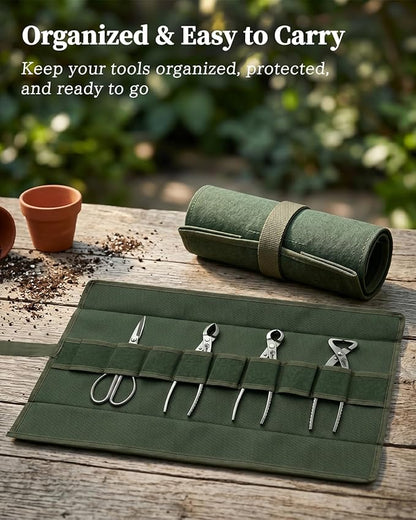 4-Piece Bonsai Tools Set with Tool Roll Bag Organizer, Heavy Duty Bonsai Tree Kit with Luxury Gift Box, Bonsai Starter Kit, Include Concave Cutter, Knob Cutter, Trunk Splitter, Bonsai Scissors