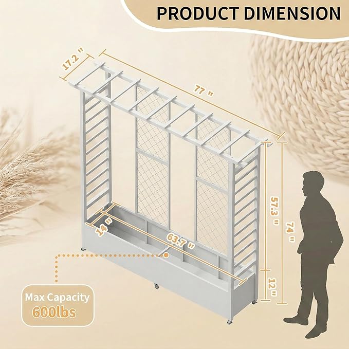 74" Mobile Planter with Trellis,Weatherproof Vertical Raise Garden Bed with Trellis & Hanging Roof for Climbing Plants,Flowers,Vegetables,Rust-Proof Metal Privacy Planter for Patio (White-B)